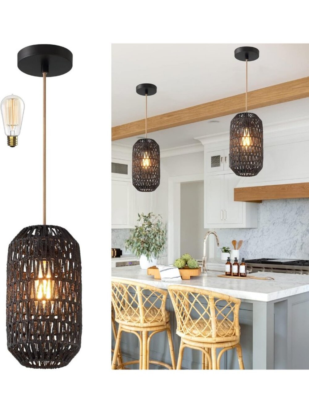 Stylish Black Rattan Pendant Light Fixture with Adjustable Golden Cord for